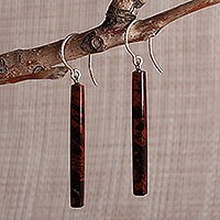 Obsidian dangle earrings, 'Pillar of Courage' - Minimalist Dark Brown Obsidian Dangle Earrings with Hooks