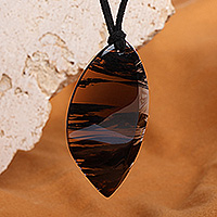 Obsidian pendant necklace, 'Leafy Power' - Leaf-Shaped Dark Brown and Black Obsidian Pendant Necklace