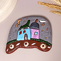 Ceramic wall art, 'Cottage Enchantment' - Hand-Painted Glazed Armenian Cottage-Themed Ceramic Wall Art