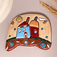 Ceramic wall art, 'Cottage Beauty' - Painted Glazed Armenian Cottage-Inspired Ceramic Wall Art