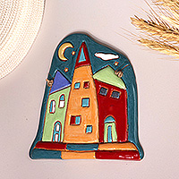 Ceramic wall art, 'Cottage Splendor' - Hand-Painted Glazed Ceramic Wall Art with Armenian Cottages