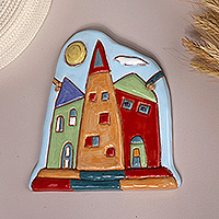 Ceramic wall art, 'Cottage Radiance' - Painted Glazed Ceramic Wall Art Inspired by Armenian Cottage