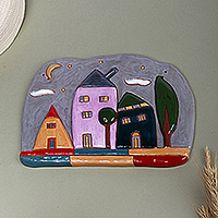 Ceramic wall art, 'Cottage Memory' - Hand-Painted Naïf Ceramic Cottage Wall Art Made in Armenia