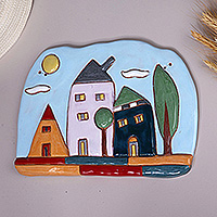 Ceramic wall art, 'Cottage Allure' - Armenian Cottage Glazed Ceramic Wall Art Painted by Hand