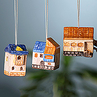 Ceramic ornaments, 'Festive Cottages' (set of 3) - 3 Painted Glazed Armenian Cottage-Themed Ceramic Ornaments