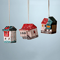 Ceramic ornaments, 'Christmas Cottages' (set of 3) - 3 Hand-Painted Glazed Armenian Cottage Ceramic Ornaments