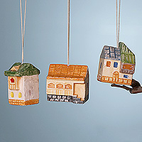 Ceramic ornaments, 'Holiday Cottages' (set of 3) - Set of 3 Hand-Painted Glazed Cottage Ceramic Ornaments