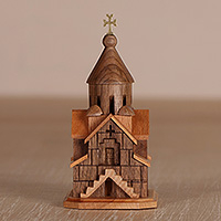 Wood sculpture, 'Noravank Church' - Armenian Handmade Noravank Church Beech Wood Sculpture