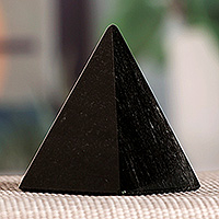 Obsidian sculpture, 'Vestiges of Magnificence' - Hand-Carved Black and Silver Obsidian Pyramid Sculpture