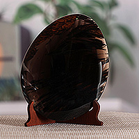 Obsidian sculpture, 'First Treasure' - Polished Oval Black and Brown Obsidian Sculpture with Stand