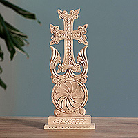 Wood sculpture, 'Perennial Faith' - Fair Trade Folk Art Walnut Wood Cross Sculpture from Armenia