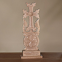 Wood sculpture, 'Jugha Devotion' - Traditional Armenian-Made Jugha Cross Walnut Wood Sculpture