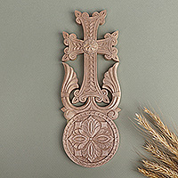 Wood wall accent, 'Jugha Prayer' - Folk Art Armenian-Themed Jugha Cross Walnut Wood Wall Accent