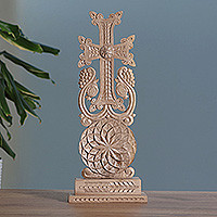 Wood sculpture, 'Flower of Splendor' - Hand-Carved Cross and Floral-Themed Walnut Wood Sculpture