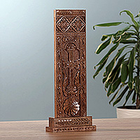 Wood sculpture, 'Khachkar Spirit' - Traditional Hand-Carved Khachkar Stele Walnut Wood Sculpture