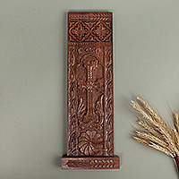 Wood wall accent, 'Khachkar Memory' - Hand-Carved Lacquered Khachkar Stele Walnut Wood Wall Accent