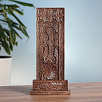 Wood sculpture, 'Khachkar of Adoration' - Hand-Carved Folk Art Khachkar Cross Walnut Wood Sculpture