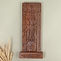 Wood wall accent, 'Khachkar of Devotion' - Traditional Handmade Khachkar Cross Walnut Wood Wall Accent