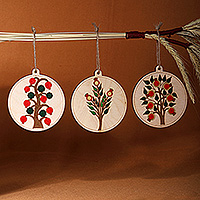 Wood ornaments, 'Pomegranate Scapes' (set of 3) - Pomegranate-Themed Painted 3-Piece Round Wood Ornament Set