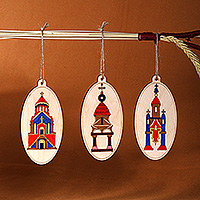 Wood ornaments, 'Chapels' (set of 3) - Chapel-Themed 3-Piece Oval Wood Ornament Set from Armenia