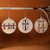 Wood ornaments, 'Ancient Faith' (set of 3) - Artisan-Made Cross-Themed 3-Piece Round Wood Ornament Set