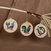 Wood ornaments, 'Folk Art Birds' (set of 3) - Set of 3 Hand-Painted Folk Art Bird-Themed Wood Ornaments