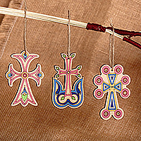 Wood ornaments, 'Dulcet Faith' (set of 3) - Armenian-Made Painted Cross-Themed 3-Piece Wood Ornament Set