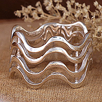 Sterling silver band ring, 'Sea Soul' - High-Polished Wavy Sterling Silver Band Ring from Armenia