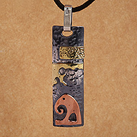 Multi-metal pendant necklace, 'Ancestral Wisdom' - Folk Art Elephant-Themed Multi-Metal Cord Pendant Necklace