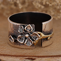 Multi-metal band ring, 'One Bloom' - Armenian Handmade Multi-Metal Band Ring with Floral Detail