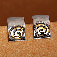 Sterling silver and brass button earrings, 'Sun Hypnosis' - Sterling Silver Button Earrings with Brass Spiral Details