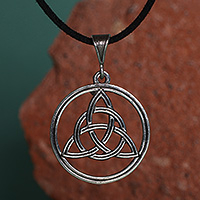 Sterling silver pendant necklace, 'Triple Incantation' - Celtic Knot-Shaped Oxidized Sterling Silver Pendant Necklace