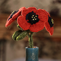 Wool felt home accents, 'Poppy Illusion' (set of 3) - Handmade Poppy-Shaped 3-Piece Wool Felt Home Accent Set