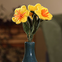 Wool felt home accents, 'Yellow Lily Illusion' (set of 3) - Spring-Themed 3-Piece Yellow Lily Wool Felt Home Accent Set