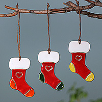 Ceramic ornaments, 'Heartfelt Gifts' (set of 3) - Heart-Themed 3-Piece Ceramic Christmas Stocking Ornament Set