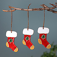 Ceramic ornaments, 'Sylvan Gifts' (set of 3) - Tree-Themed 3-Piece Ceramic Christmas Stocking Ornament Set