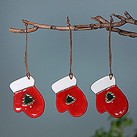 Ceramic ornaments, 'Cozy Christmas' (set of 3) - Artisan-Made 3-Piece Fir Tree Ceramic Ornament Set in Red