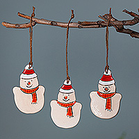 Ceramic ornaments, 'Snowy Greetings' (set of 3) - Set of 3 Christmas-Themed Painted Ceramic Snowman Ornaments