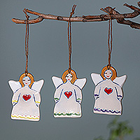 Ceramic ornaments, 'Angelic Hearts' (set of 3) - Fair Trade Hand-Painted 3-Piece Ceramic Angel Ornament Set