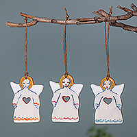 Ceramic ornaments, 'Angelic Core' (set of 3) - Handmade Set of 3 Angel Ceramic Ornaments with Heart Motifs