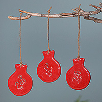 Ceramic ornaments, 'Pomegranate Holiday' (set of 3) - Pomegranate-Shaped Set of 3 Hand-Painted Ceramic Ornaments