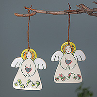 Ceramic ornaments, 'Celestial Dawn' (pair) - Armenian-Made Angel-Themed Ceramic Ornament Pair in Ivory