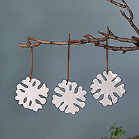 Ceramic ornaments, 'Snowflake Era' (set of 3) - Winter Snowflake-Shaped 3-Piece Ivory Ceramic Ornament Set