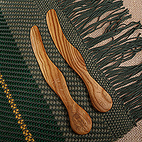 Wood spreader knives, 'Armenian Hospitality' (pair) - 2 Hand-Carved Leaf Themed Wood Butter Pate Spreader Knives