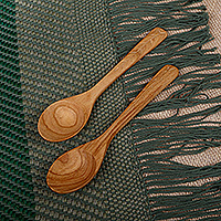 Wood serving spoons, 'Armenian Hospitality' (pair) - Pair of Leaf-Themed Hand-Carved Apricot Wood Serving Spoons