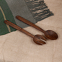 Wood salad serving set, 'Brown Armenian Geometry' (pair) - Hand-Carved Geometric Wood Spoon and Fork Salad Serving Set