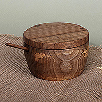 Wood lidded bowl and spoon set, 'Sylvan Delicacy' - Armenian Hand-Carved Walnut Wood Lidded Bowl and Spoon Set