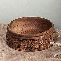 Wood serving bowl, 'Leafy Feast' - Classic Leaf-Themed Walnut Wood Serving Bowl from Armenia