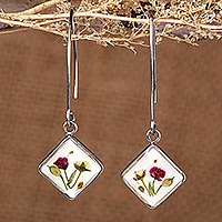 Natural flower dangle earrings, 'Spring Gems' - High-Polished Diamond-Shaped Natural Flower Dangle Earrings