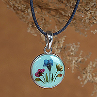 Natural flower pendant necklace, 'Evergreen Grace' - Handcrafted Natural Flower Necklace with Mint Resin Pendant